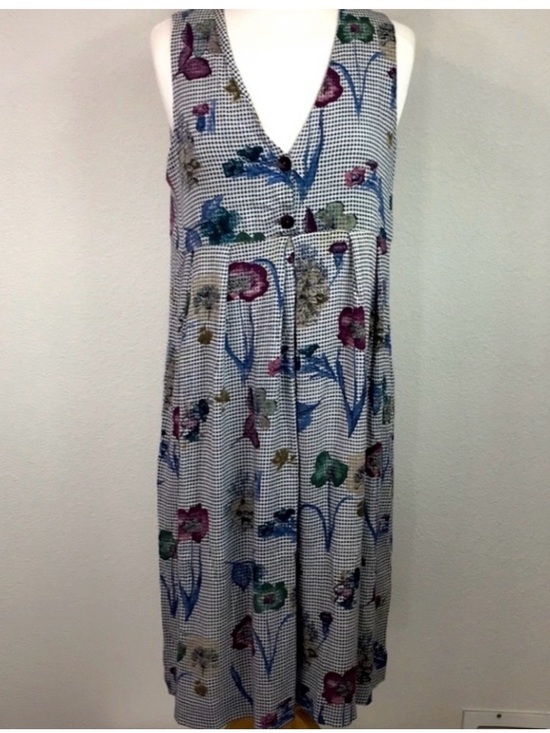 Vintage Dresses & Skirts - Vintage Womens Gray Floral Polka Dot V Neck Sleeveless Midi Dress Size Medium
